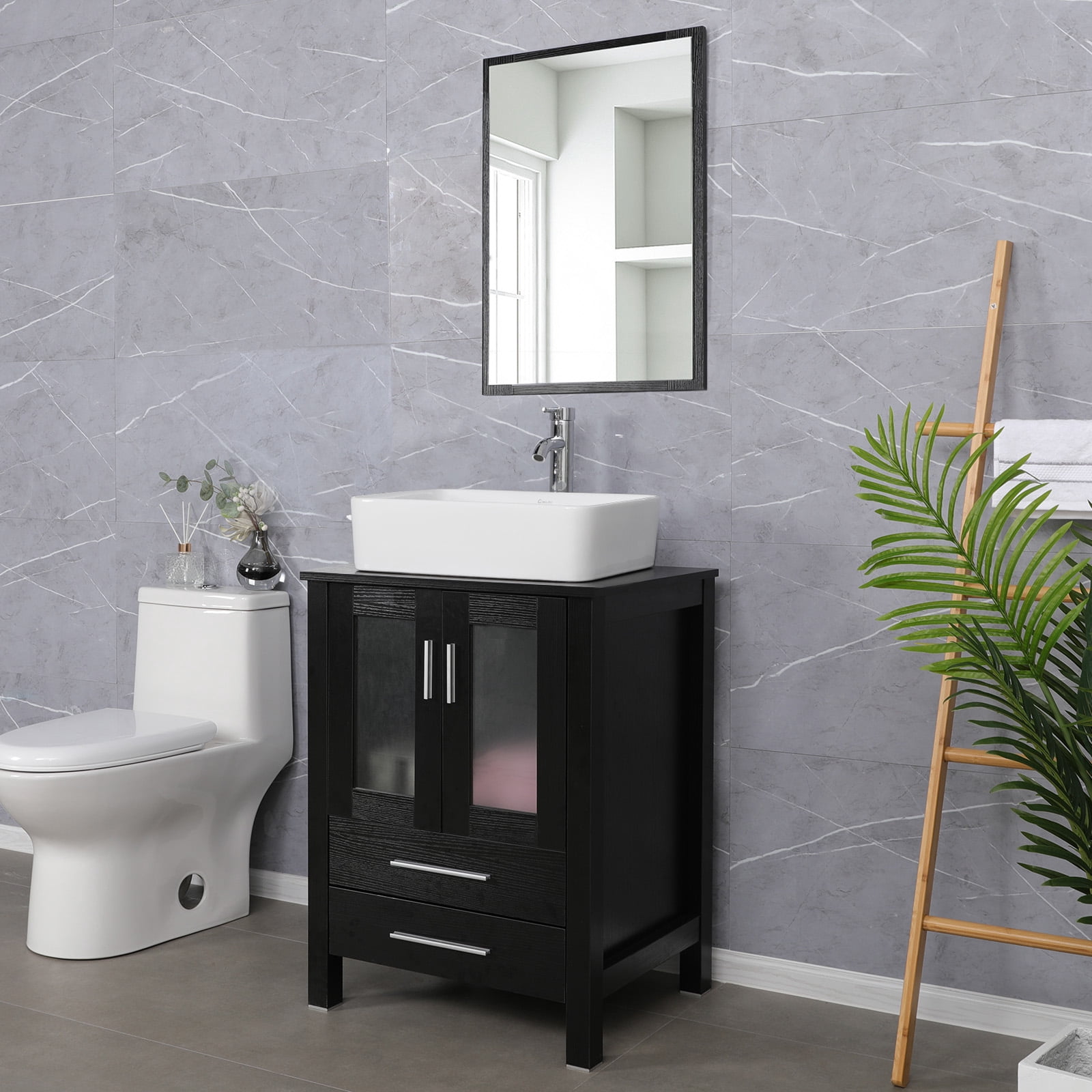 Eclife 24" Black Bathroom Vanity Set with Wood Top, White Ceramic Sink, Water Saving Faucet, Pop up Drain Combo