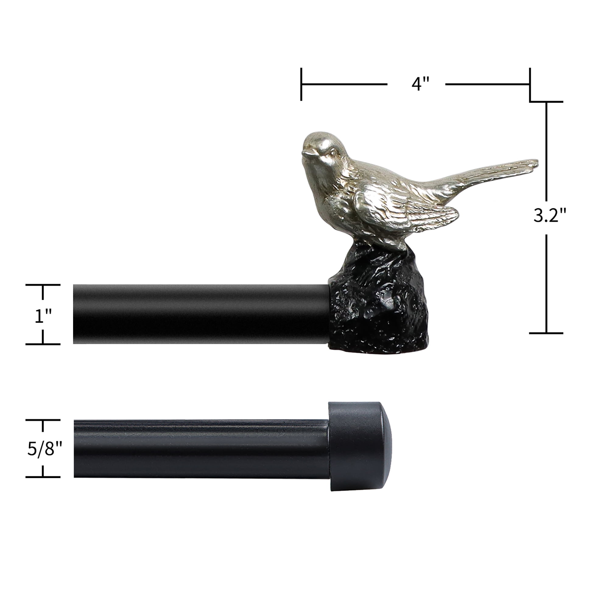MERIVILLE 1-Inch Diameter Telescoping Double Window Curtain Rod, Pewter Bird Finials, 48"-84", Black Rod