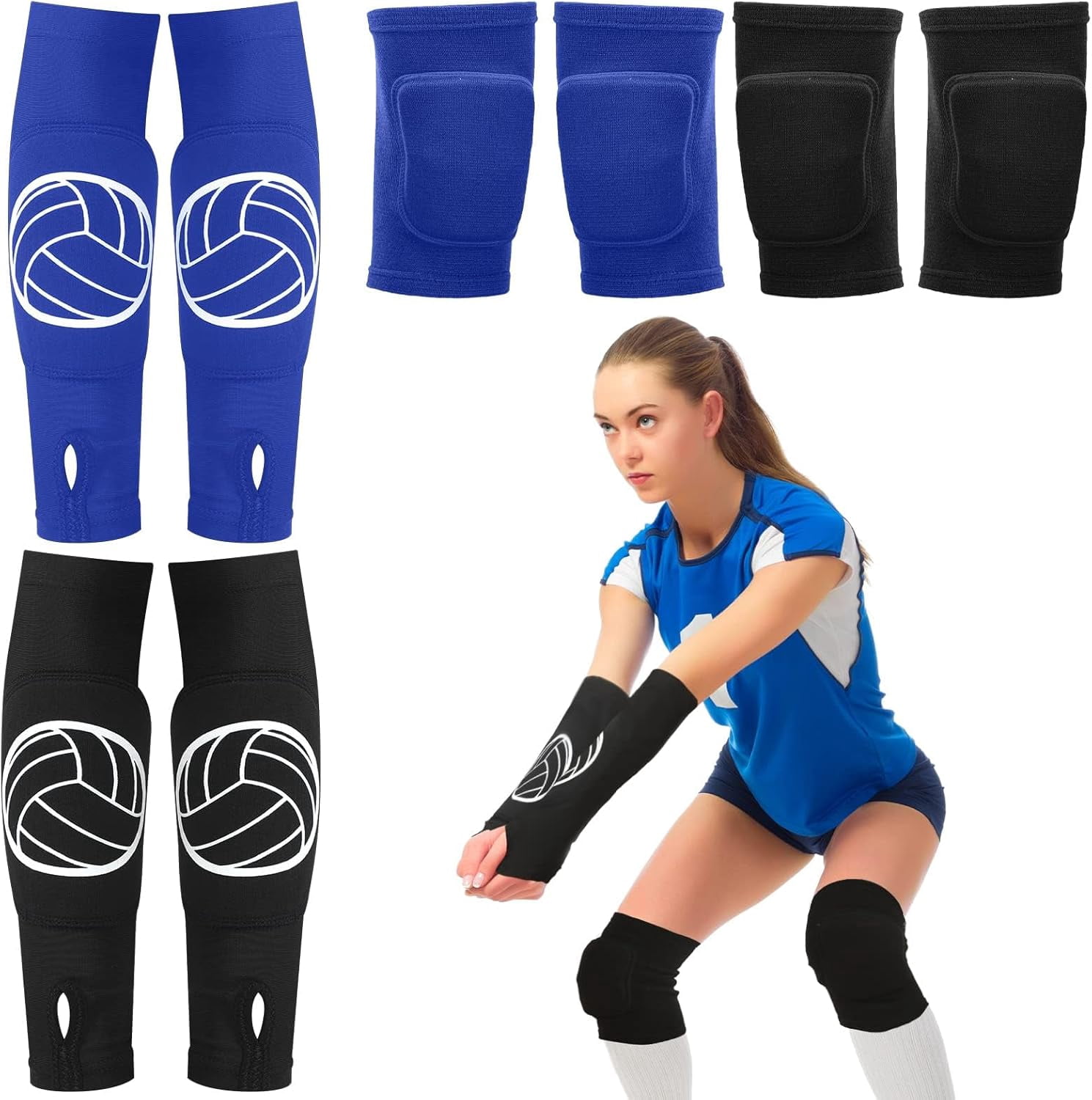 BURIBURI 2 Set Volleyball Knee Pads and Volleyball Arm Sleeves with Protection Pad Compression Forearm Wrist Guard with Thumb Hole Soft Breathable for Hitting Passing