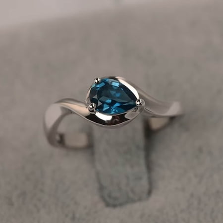 14K White Gold Plated Sterling Silver 1.00CT Pear Cut Lab-Created Blue Topaz Solitaire Women's Engagement Ring