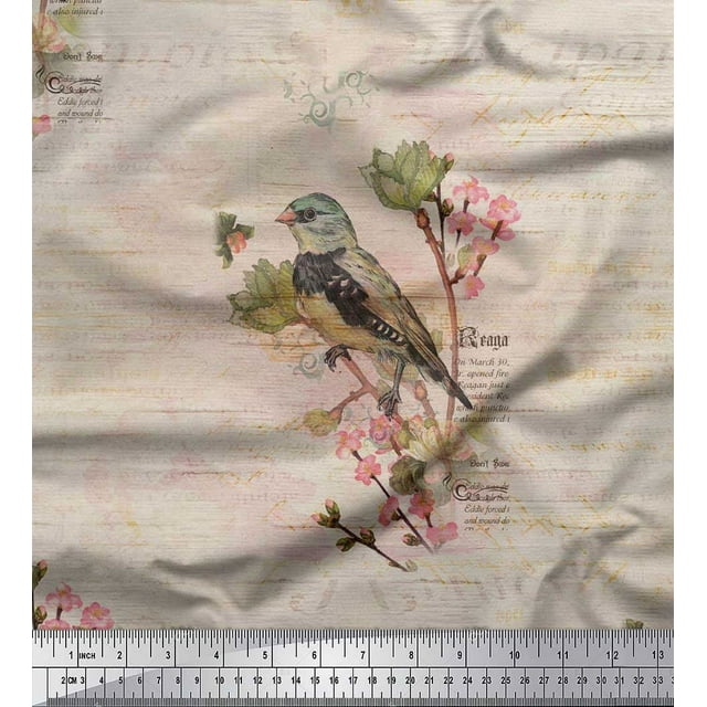 Soimoi Silk Fabric Text,Floral & European Greenfinch Bird Print Fabric by Yard 42 Inch Wide