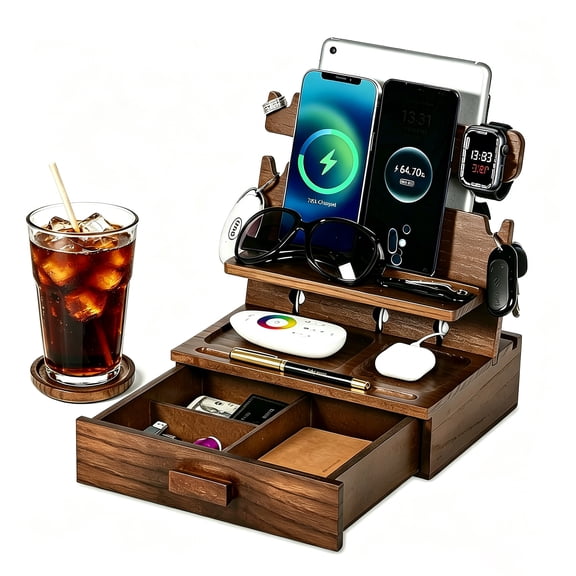 Petyoung Wood Phone Docking Station, Nightstand Organizer with Drawer and Coaster for 3 Phones, Tablets, Glasses, Watches, EDC Desk Accessories