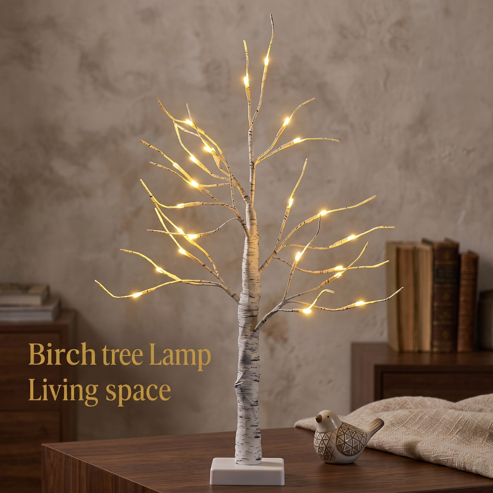 RUIE 2 Feet Pre-Lit White Twig Birch Tree, Battery Powered Tabletop Artificial Christmas Tree with 24 Warm White LED Lights, Bendable Branches for Holiday Home, White