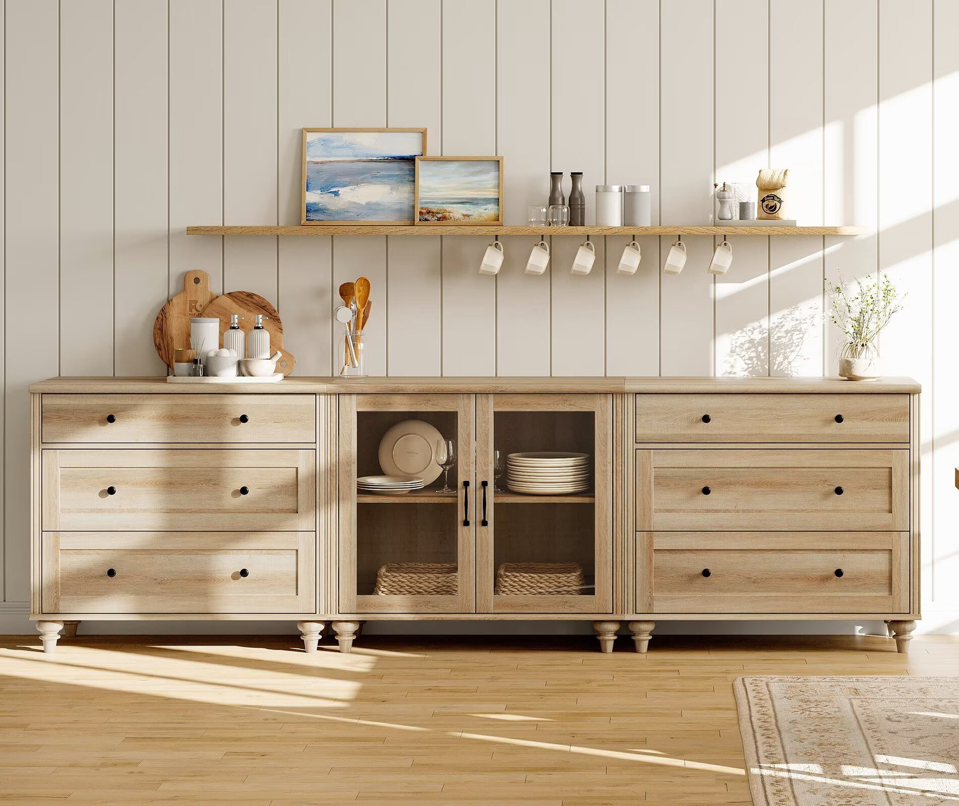 Sideboard Buffet Cabinet with 2 Glass Doors, 3-in-1 Kitchen Storage Cabinet, Wooden Coffee Bar Table with Adjustable Shelf & 6 Drawers for Dining Room, Living Room, and Bedroom, Oak