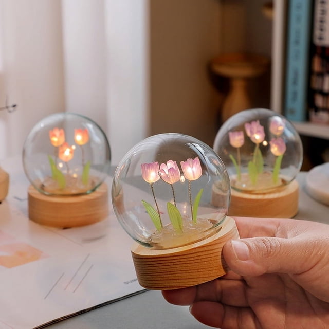 Lindos mini tulipanes de luz nocturna, adornos de escritorio hechos a mano, bolsa de material DIY, linternas de flores para amigos, regalos de Año Nuevo