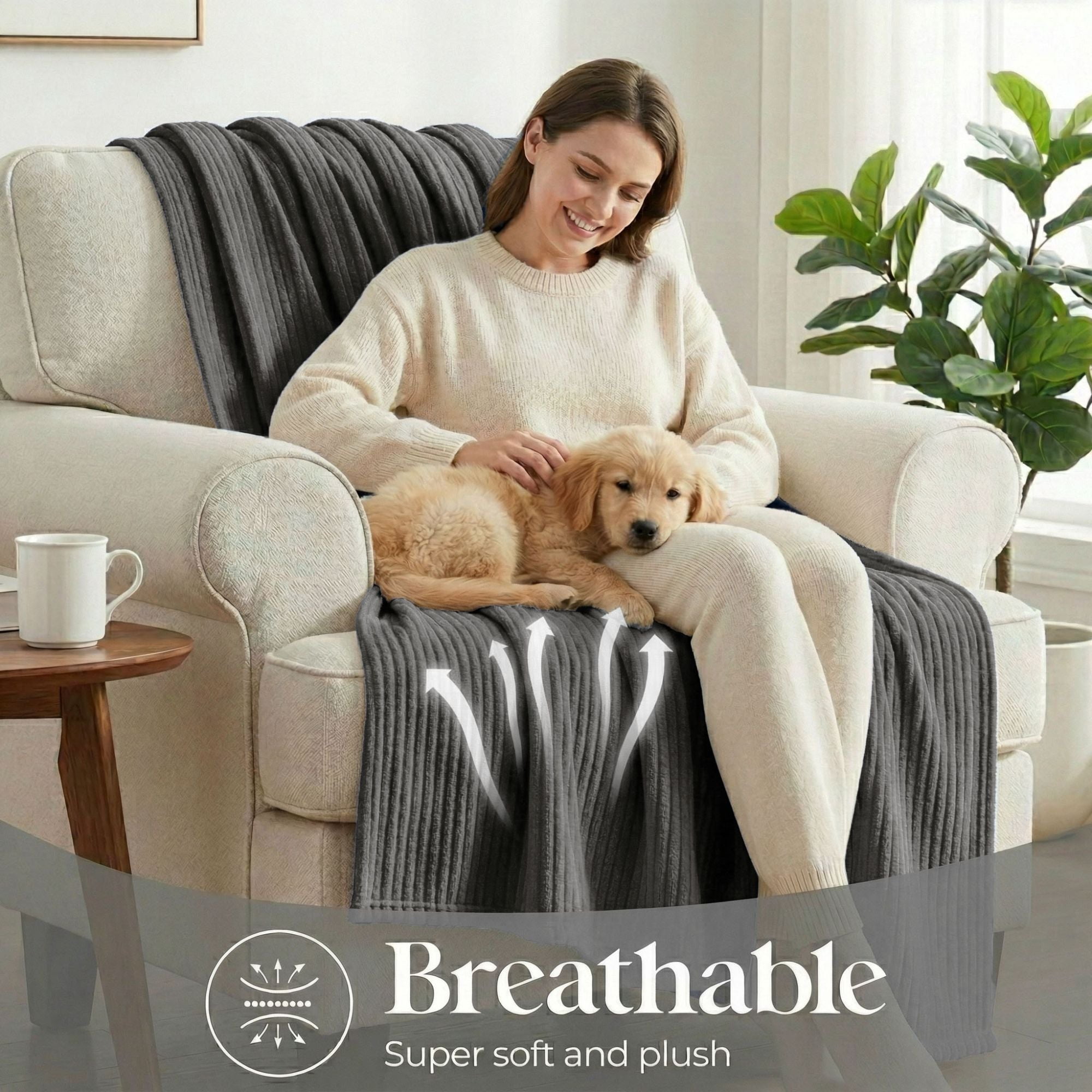Superior Kacey Ribbed Fluffy Fleece Blanket, Full Queen Size, Charcoal