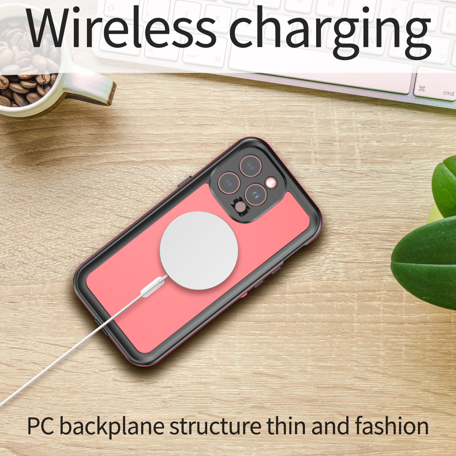 Allytechgroup Waterproof Case for iPhone 15 Pro Max, Full Body Protection Built-in Screen Protector MagSafe Wireless Charging Dustproof Shockproof Cover Case with Transparent PC, Red