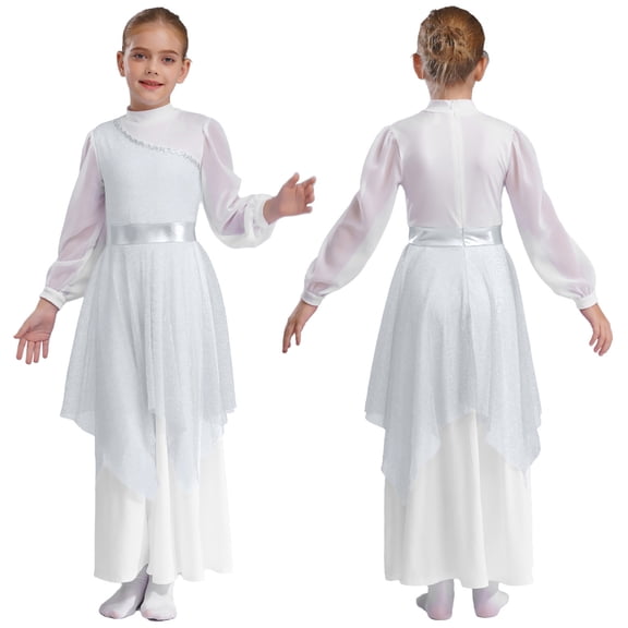 Aislor Girls Long Sleeve Worship Praise Dance Tunic Liturgical Church Robe Irregular Hem Dress Silver 16