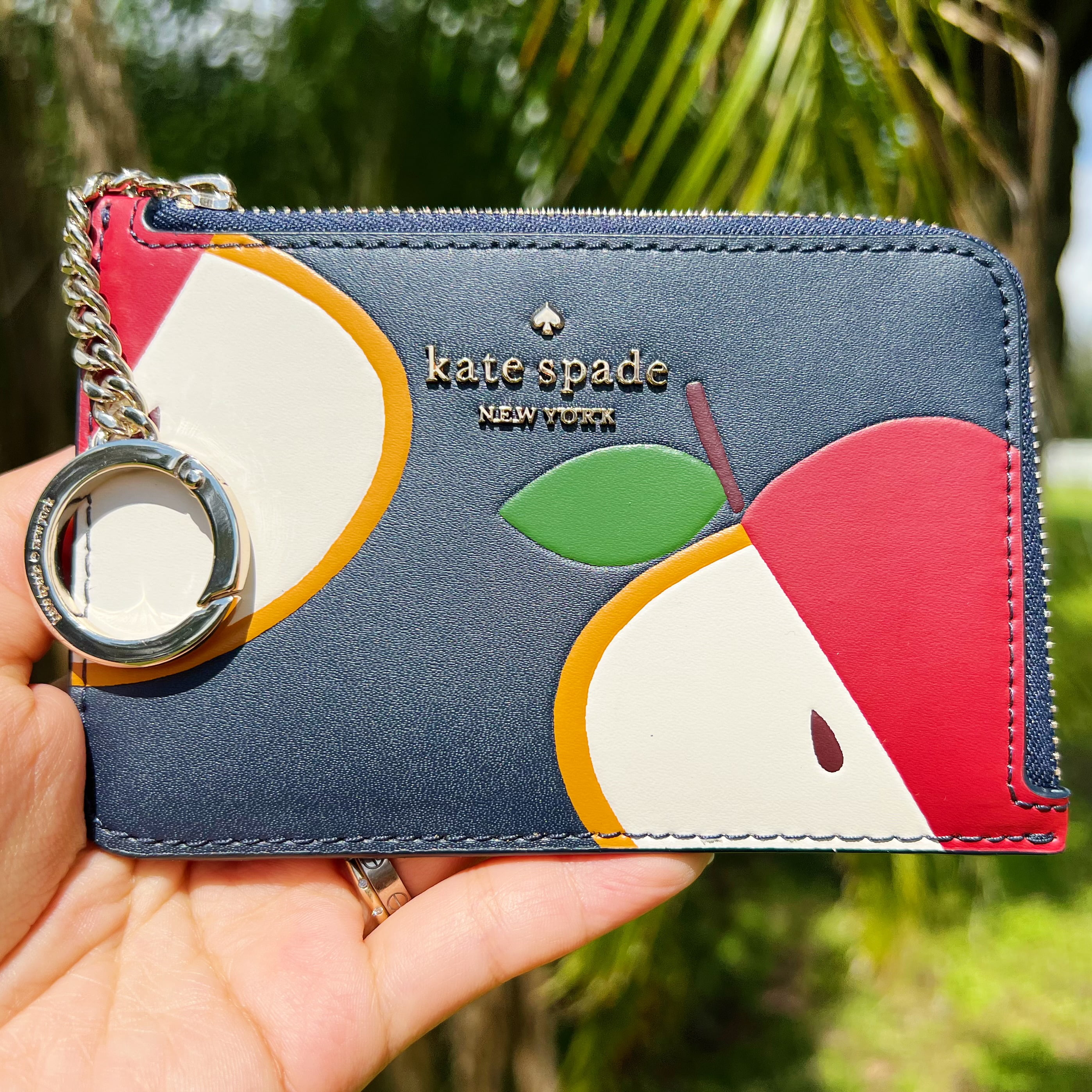 Kate Spade Honeycrisp Apple Medium L-Zip Card Holder Blue Multi Novelty  Wallet 