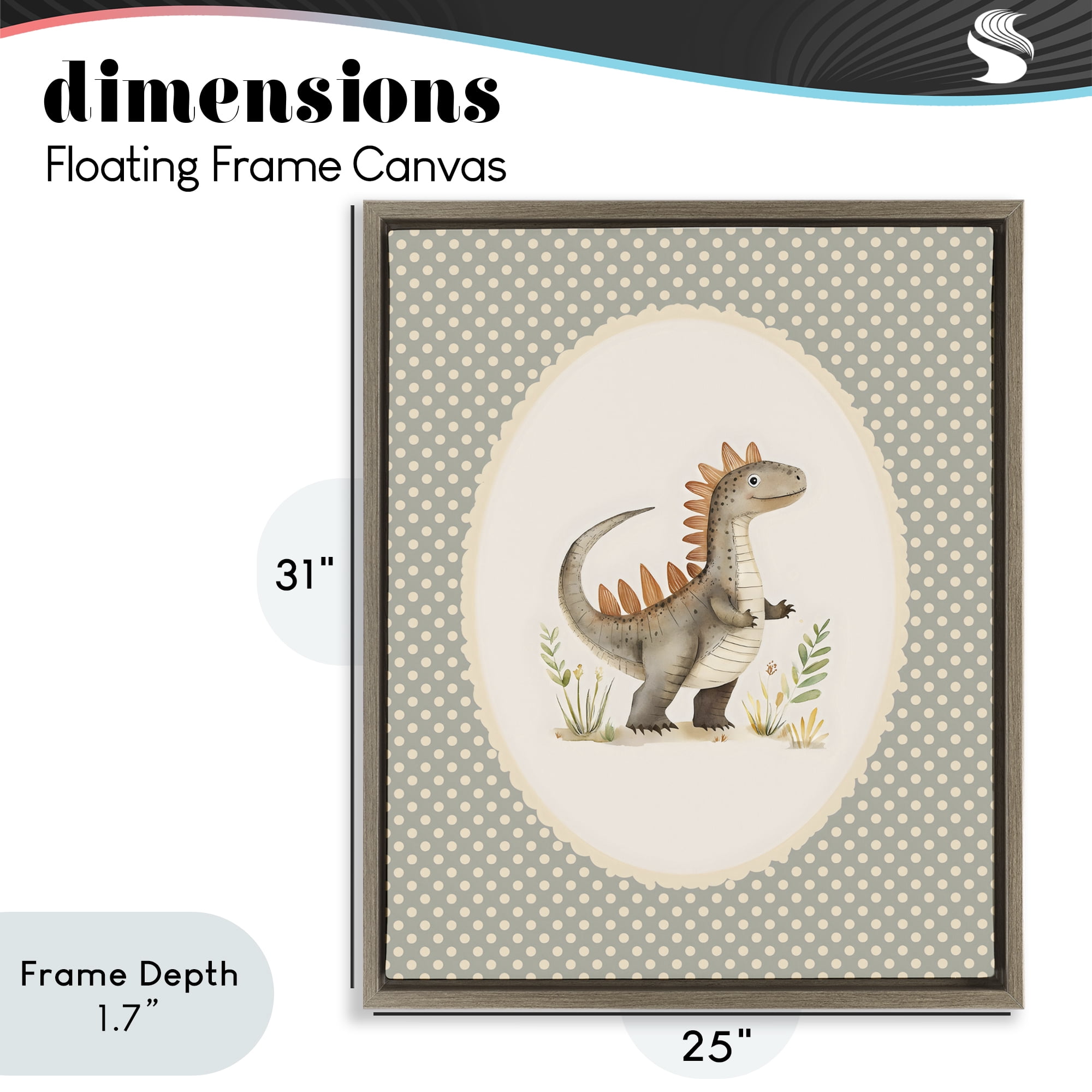 Stupell Industries Watercolor Dinosaur Polka Dot Border Brown Framed Floater Canvas Wall Art, design by LSR Design Studio