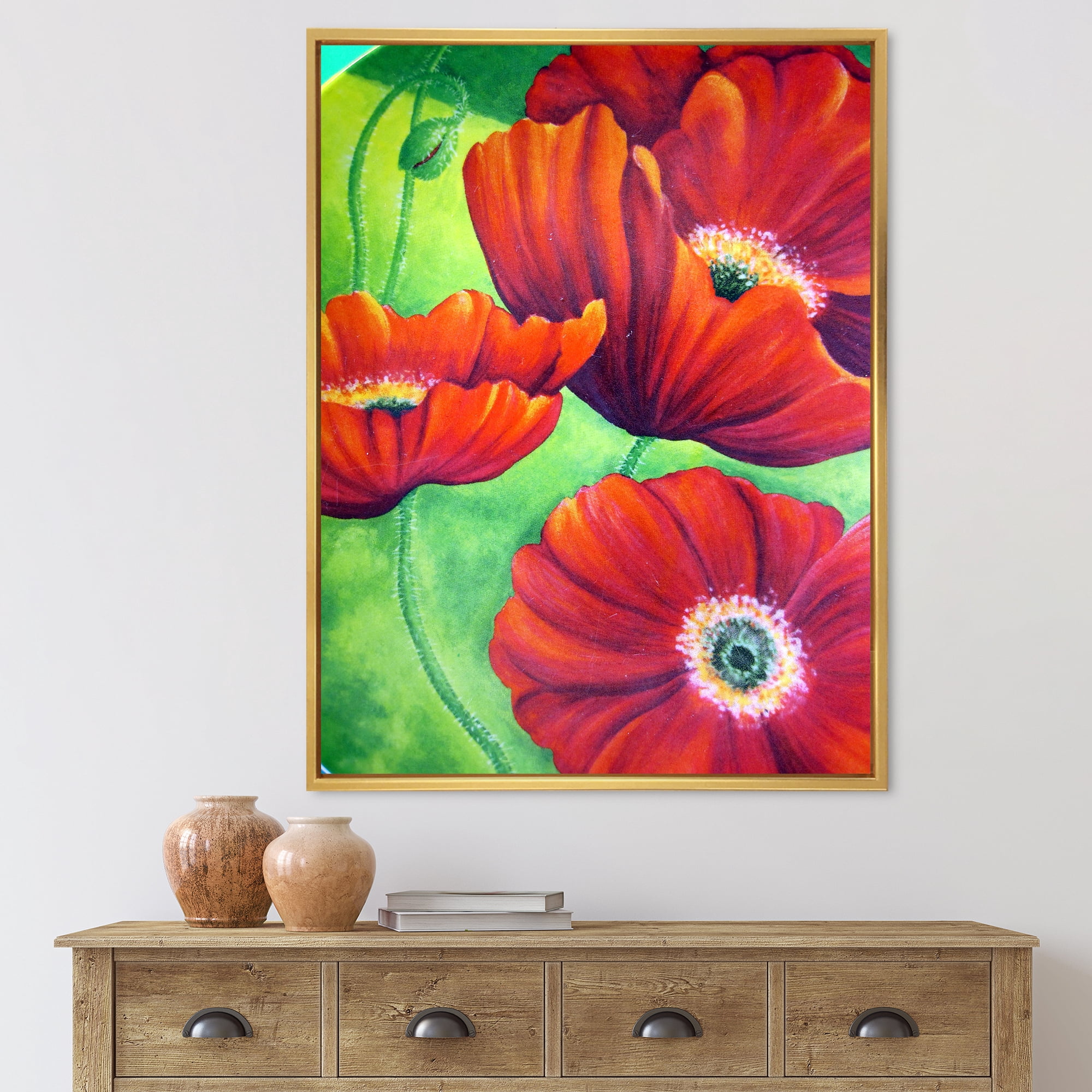 Red Blossoming Poppies Over Wild Green V 30 in x 40 in Framed Painting Canvas Art Print, by Designart