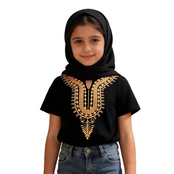 Tiijoy Girls Africa Ethnic Style Short Sleeve T-Shirt Casual Thobe Shirt Top, Sizes 1-6