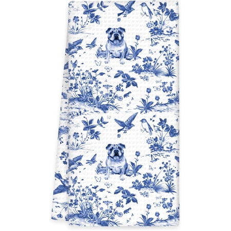 KKFEN-Grandmillennial English Bulldog Dog Kitchen Towels Blue Dogs Hand Towels English Bulldog Gifts for Women Decorative Dish Tea Towel for Kitchens Chinoiserie Dog Bathroom Decor 16x24In