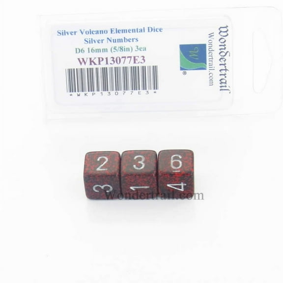 Silver Volcano Elemental Dice with Silver Numbers D6 16mm (5/8in) Pack of 3 Wondertrail