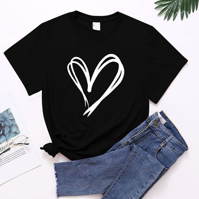 Meichang T-Shirts Joyeuse Saint-Valentin Femmes Mignon Imprimé Cœur T-Shirts Manches Courtes Col Rond Décontracté T-Shirts Joyeuse Saint-Valentin