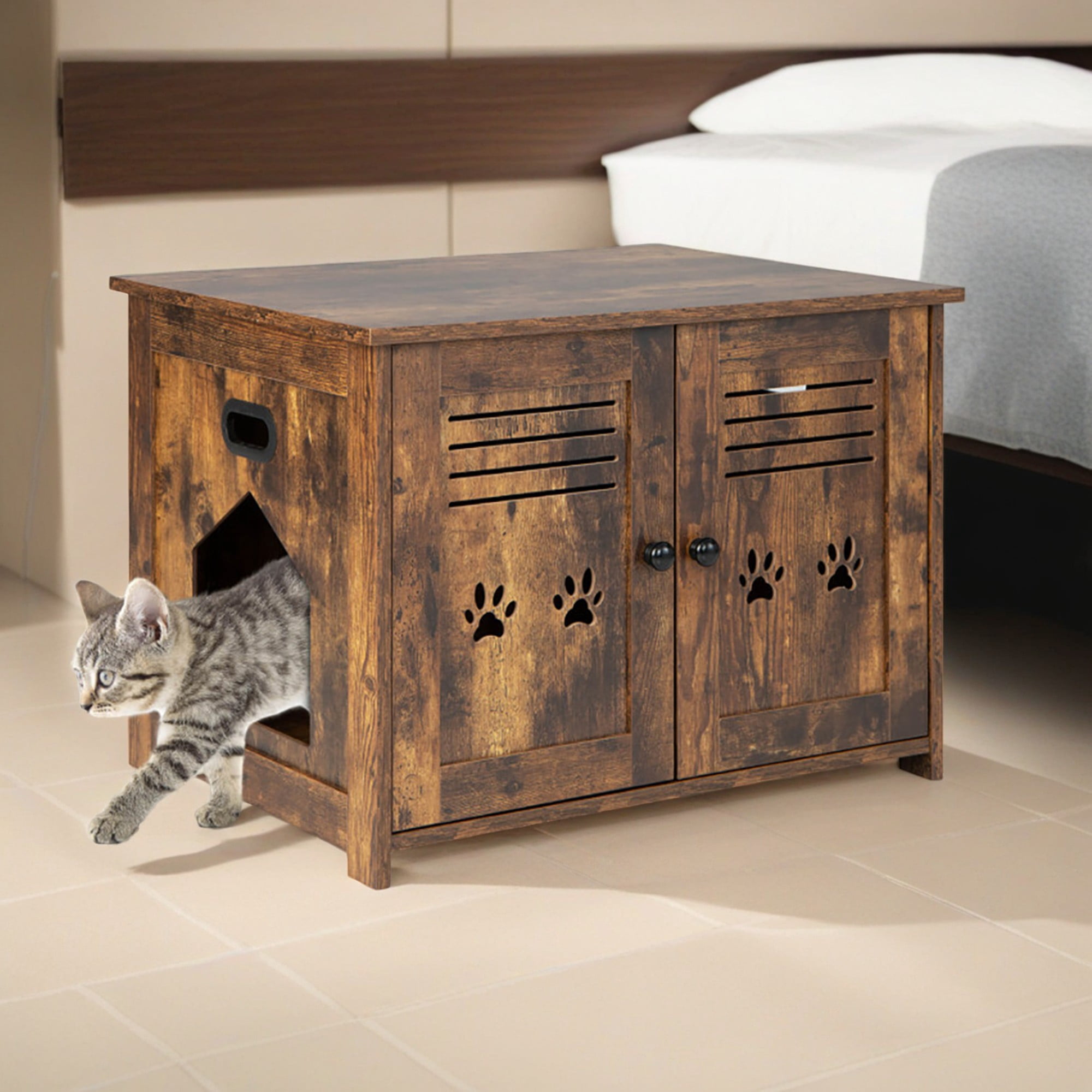 resenkos 27" Hidden Cat House Washroom Furniture with Double Louvered Doors, Wood Cat Litter Box Enclosure Cabinet with Side Entrance, Brown