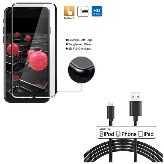 iPhone 8/7/6S/6 - 6ft MFi USB Cable w Tempered Glass Screen Protector - Certified Charger Cord Power Wire Braided, 3D Curved Edge Full Cover HD Clear 9H Hardness for iPhone 8/7/6S/6