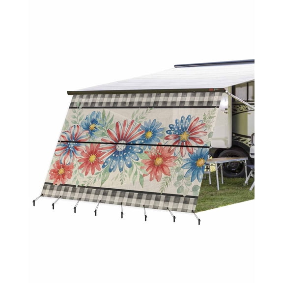4th of July RV Awning Sun Shade Screen 9'X15.3' Retro Flag Stripes Daisy Mesh Sunscreen Patriotic Leaves Gray Plaid Awning Shade Screen with Zipper UV Blocker Completed Kits for RV Motorhome Camper