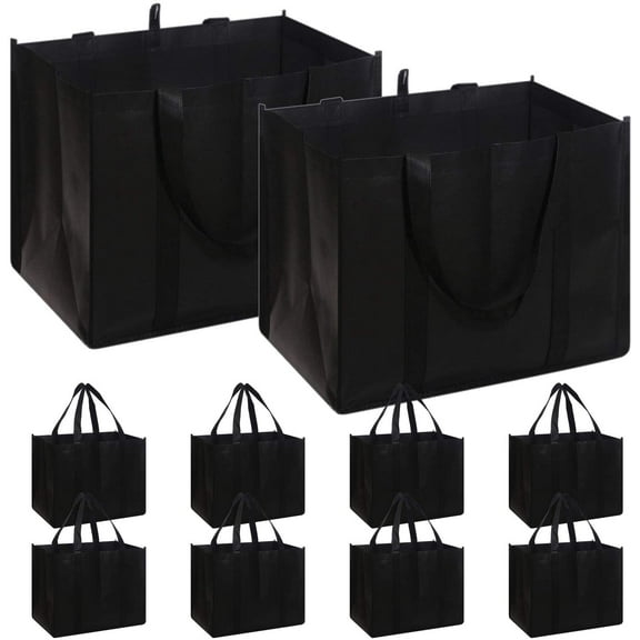 Set of 10 Reusable Grocery Bags Extra Large Foldable Heavy Duty Shopping Tote Produce Bag with Reinforced Handles, Black