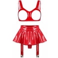 thumbnail image 3 of Conjunto de sujetador de copa abierta para mujer, Top Sexy con liguero, falda acampanada y tangas integradas, conjunto de lencería erótica de charol con aspecto húmedo, 3 of 5