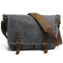 ISMART Oil-Waxed Canvas & Genuine Leather Patchwork Messenger Bag - Casual Canvas Men's Shoulder Bag, Crossbody Bag, Vintage Style Laptop Bag