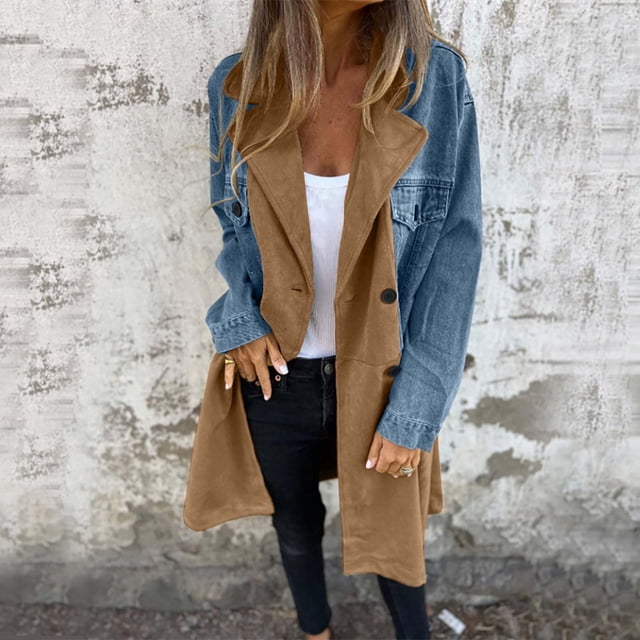 Gabardina informal de manga larga sin capucha para mujer, abrigo largo medio con costuras de mezclilla, chaqueta vaquera larga con botones y manga larga, gabardina, blusa para mujer