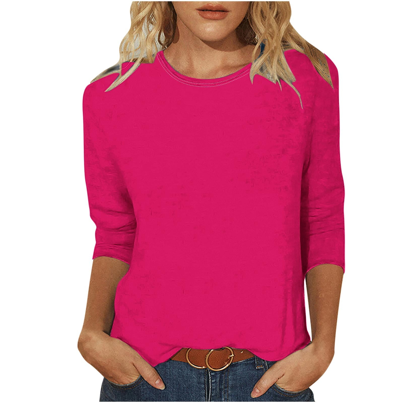 Timegard Womens Tops Summer Crewneck 3/4 Sleeve Comfy Solid Color Basic Tshirts Casual Loose Tops Blouses