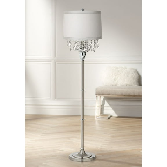 360 Lighting Modern Floor Lamp Standing 60 1/2" Tall Satin Steel Silver Crystal Off White Fabric Drum Shade for Living Room Bedroom Office House Home