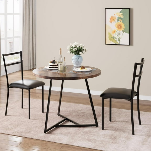 Twister.CK 3 Piece Round Dining Table Set, Kitchen Table and Chairs for 2, with 2 Upholstered Chairs & 2 Heat Resistant Placemats, for Small Space, Apartment, Brown