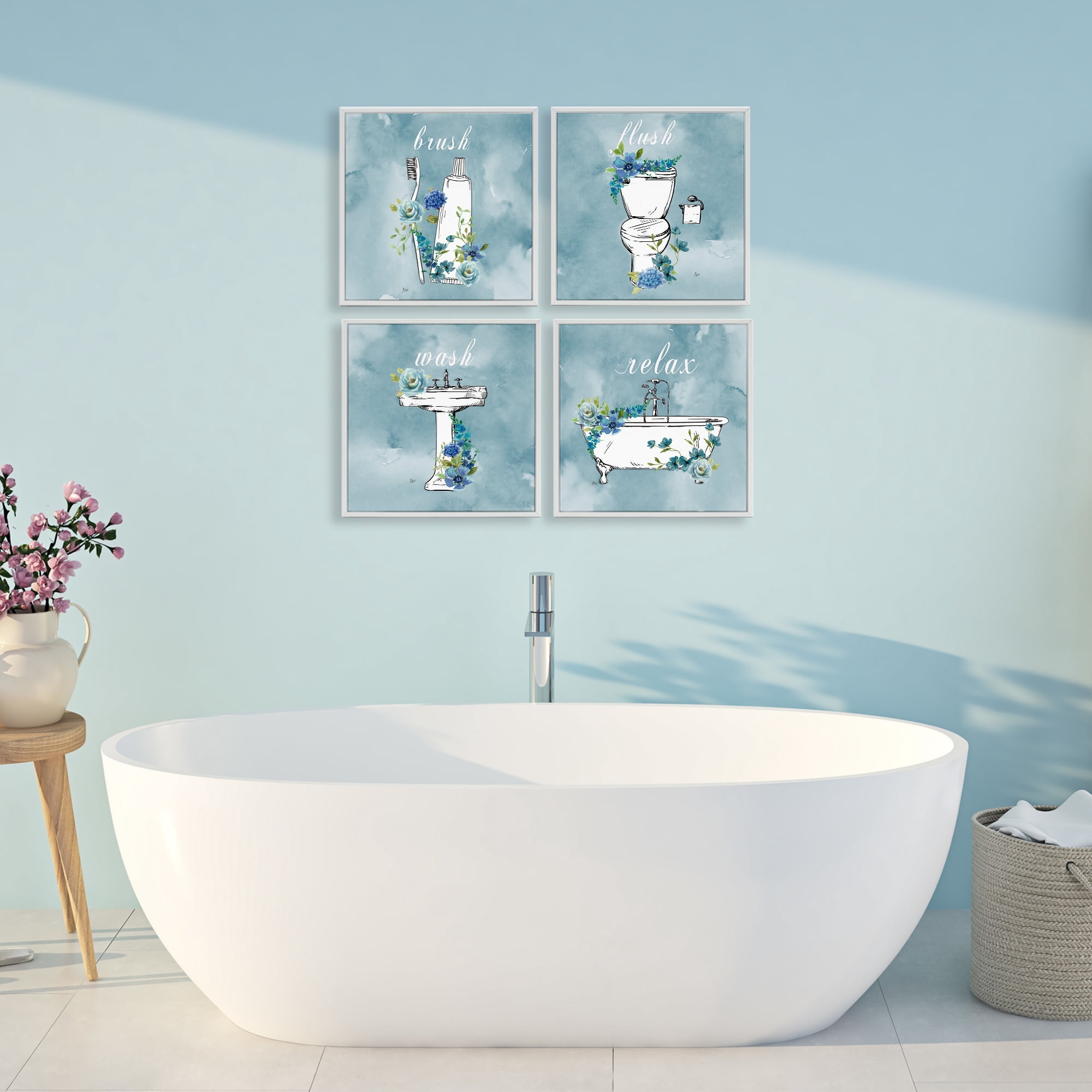 Stupell Industries Blue Floral Bathroom Rules 4 Piece White Framed Giclee Art Set, design by Nan