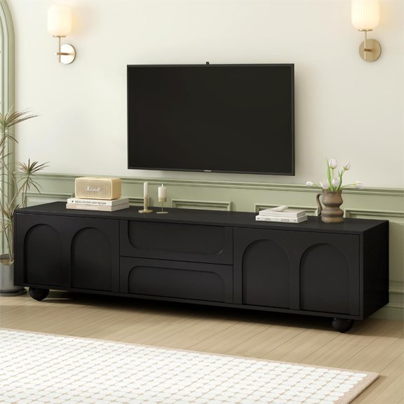 Flieks TV Stand for TVs up to 75'', Cream Style Media Entertainment Center with Arched Doors & 2 Drawers, Functional TV Console with 5 Iron Round Legs for Living Room, Black