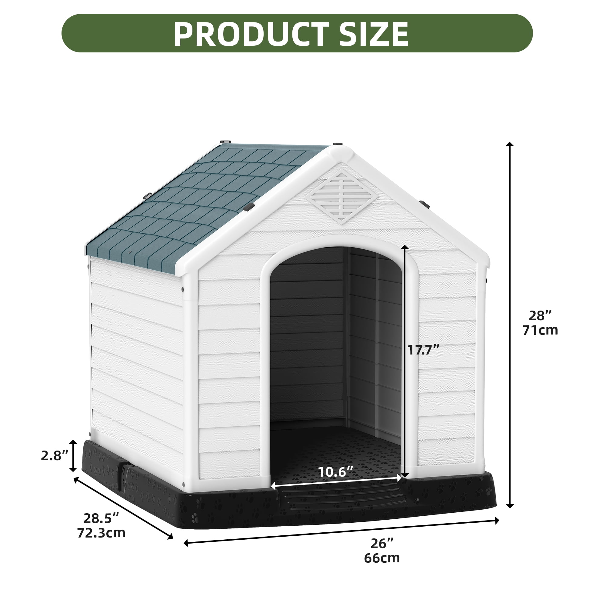 Uforic Waterproof Plastic Dog House with Air Vents and Elevated Floor, Outdoor Indoor Doghouse Puppy Shelter,Gray,28.5''Lx 26''Wx 28''H