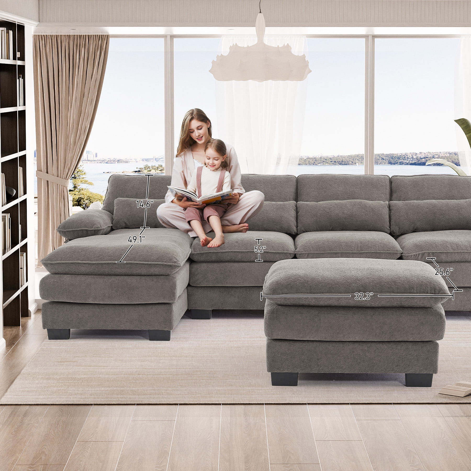 Wiilayok 113" U Shaped Sectional Sofa with Chaise Lounge and Ottoman,Chenille Modular Sectional Sofa Couch for Living Room,Cloud Grey
