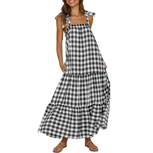SAYOO Vestido largo sin mangas para mujer, estampado a cuadros, con lazo, sin espalda, vestido holgado SAYOO S-XL