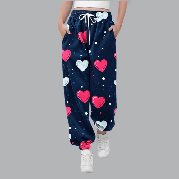 dazeni Girls Holiday Sweatpants with Pockets Cute Baggy Athletic Joggers Comfy Dance Pants for Teens Fashion Funny Graphic Valentine's Day Clothes Black