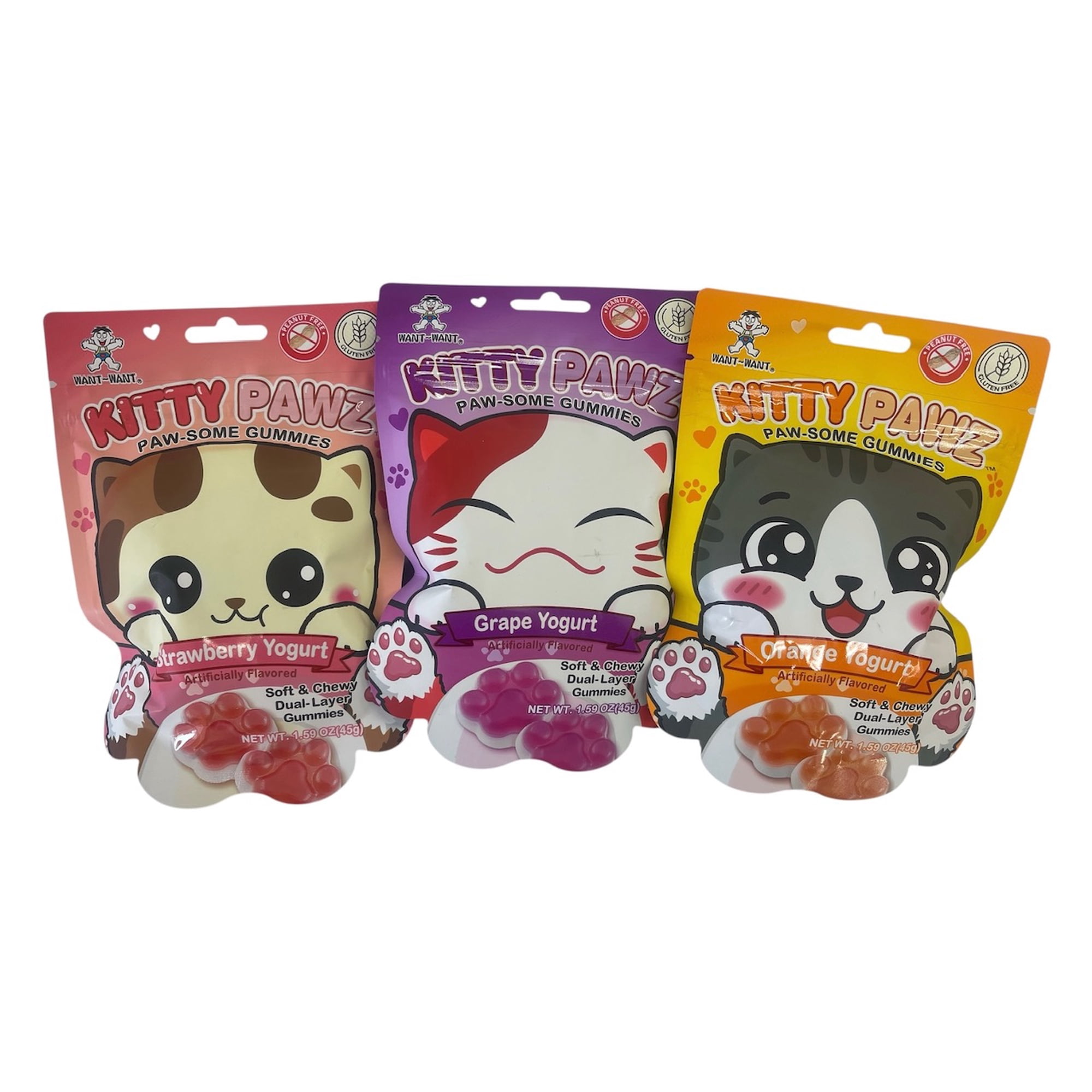Want-Want Kitty Pawz Paw-Some Gummies, Kitty Paw Shape Soft & Chewy Dual Layer, Grape Orange Strawberry Flavors, 3-Count, 1.59 oz Each