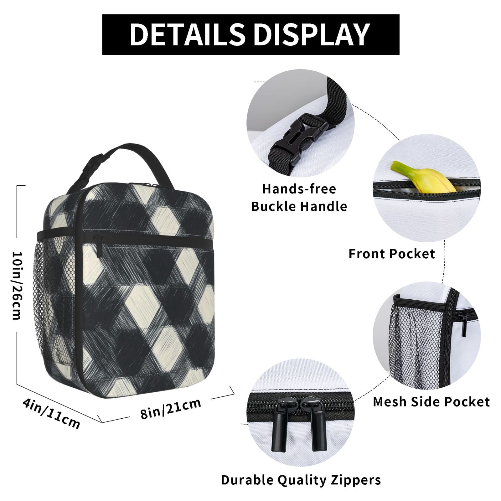 Lunch Bag For Women Men Insulated Portable Lunch Box Bento Box Office Picnic Travel Cooler Bag Darkgray Checked Hand-Drawn Sketch_1