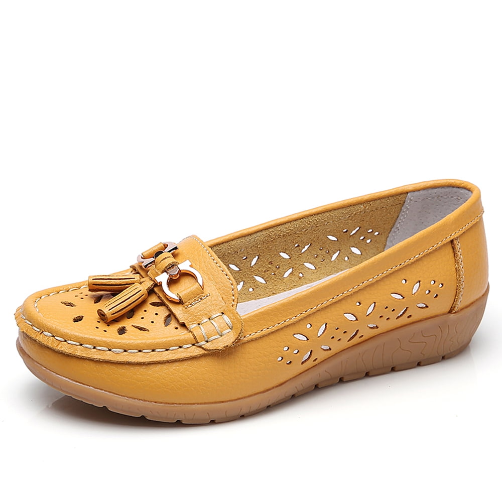 Women Flats Shoes Women Genuine Leather Shoes Woman Cutout Loafers Ballet Flats Yellow 9M US