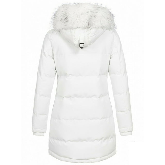 LUXUR Ladies With Pockets Hooded Coats Slim Fit Outdoor Thickened Jacket White M