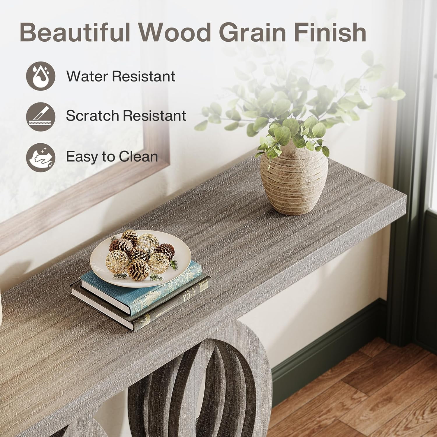 Finmind 55" Console Table with Geometric Wood Base, Modern Entryway Table, Gray