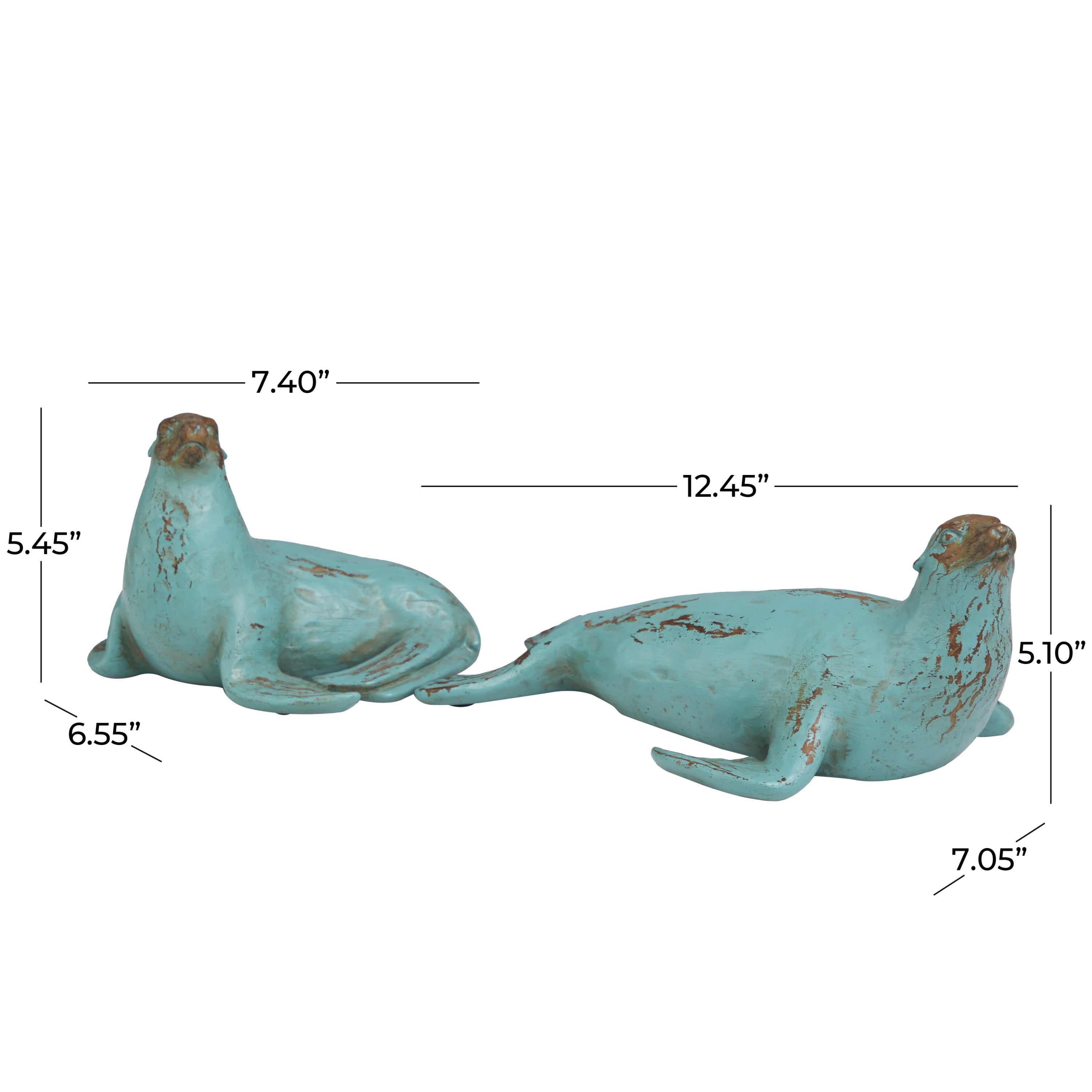 13", 7"W Teal Polystone Distressed Sea Lion Sculpture with Brown Wood Inspired Accents, by DecMode (2 Count)