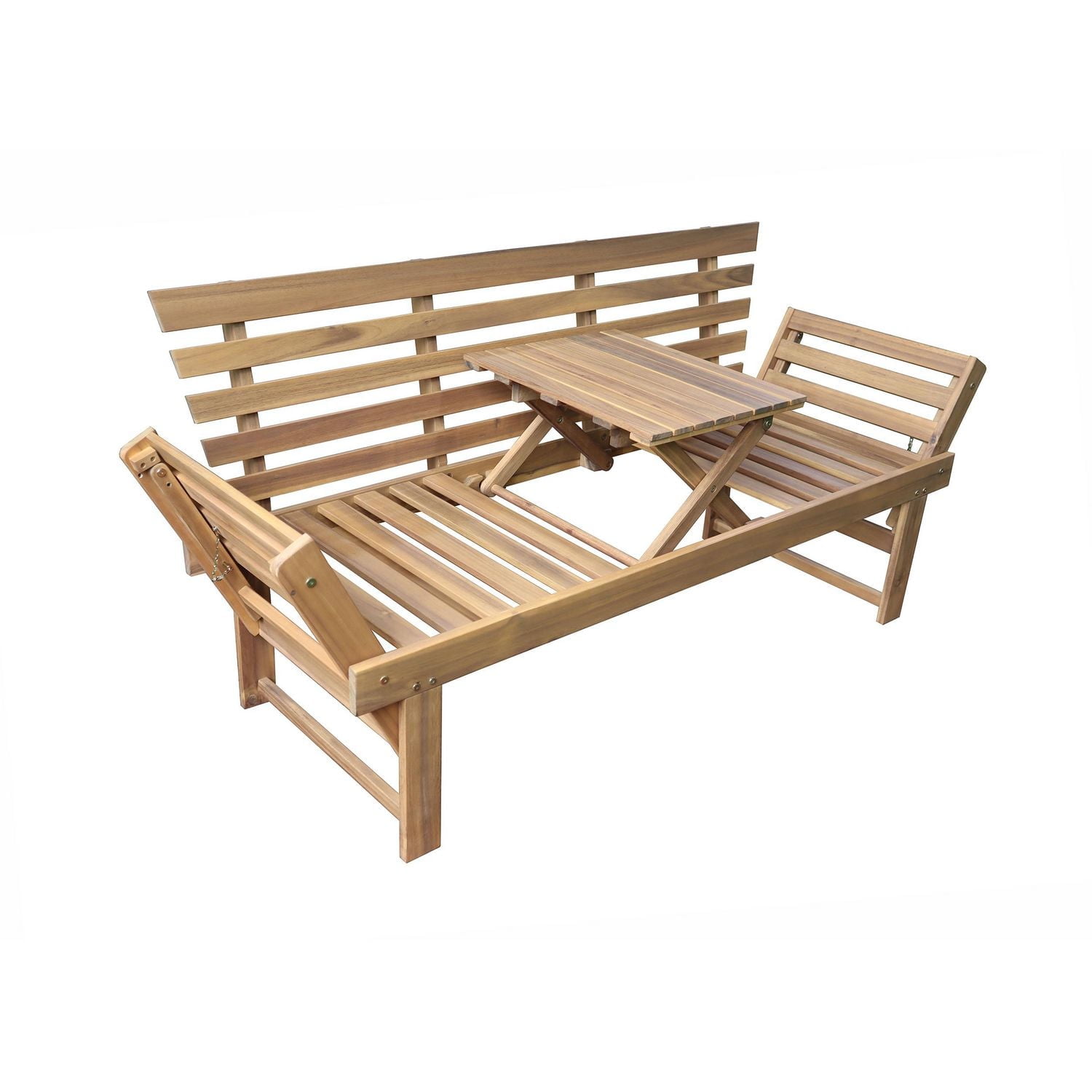 Deko Living Outdoor Acacia Wood Patio Bench/Lounge Chair with Fold Down Center Table & Side Panels