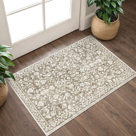 Vintage Entryway Rug Indoor Beige Taupe Washable 2x3 Neutral Small Area Non-slip Throw Accent Floral Kitchen Print Faux Super Soft Front Door Floor Carpet For Foyer Bedroom