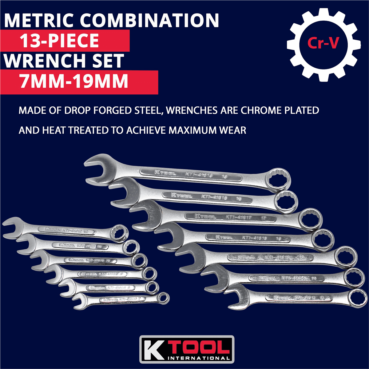 K-Tool 41513 13-pc Metric Raised Panel Combo Non-Ratcheting Wrench Set