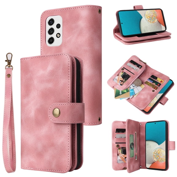 ELEHOLD for Samsung Galaxy A53 5G Flip Leather Wallet Case with Card Holders Kickstand Magnetic Clasp Lanyard Shoulder Strap Shockproof Protective Case,Rosegold
