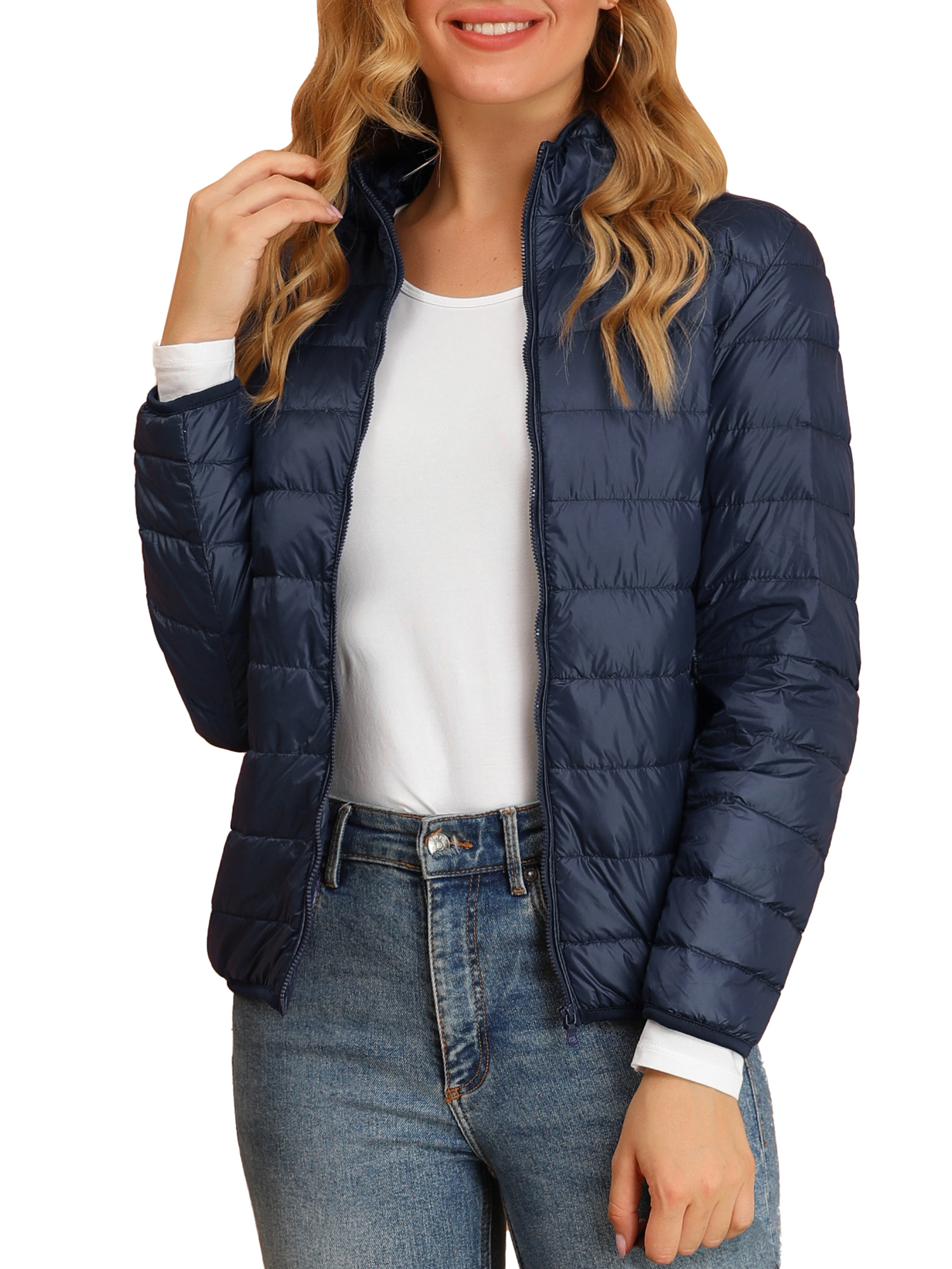 DARING DIVA Women's Hooded Zip Up Short Down Lightweight Jacket XL Dark Blue