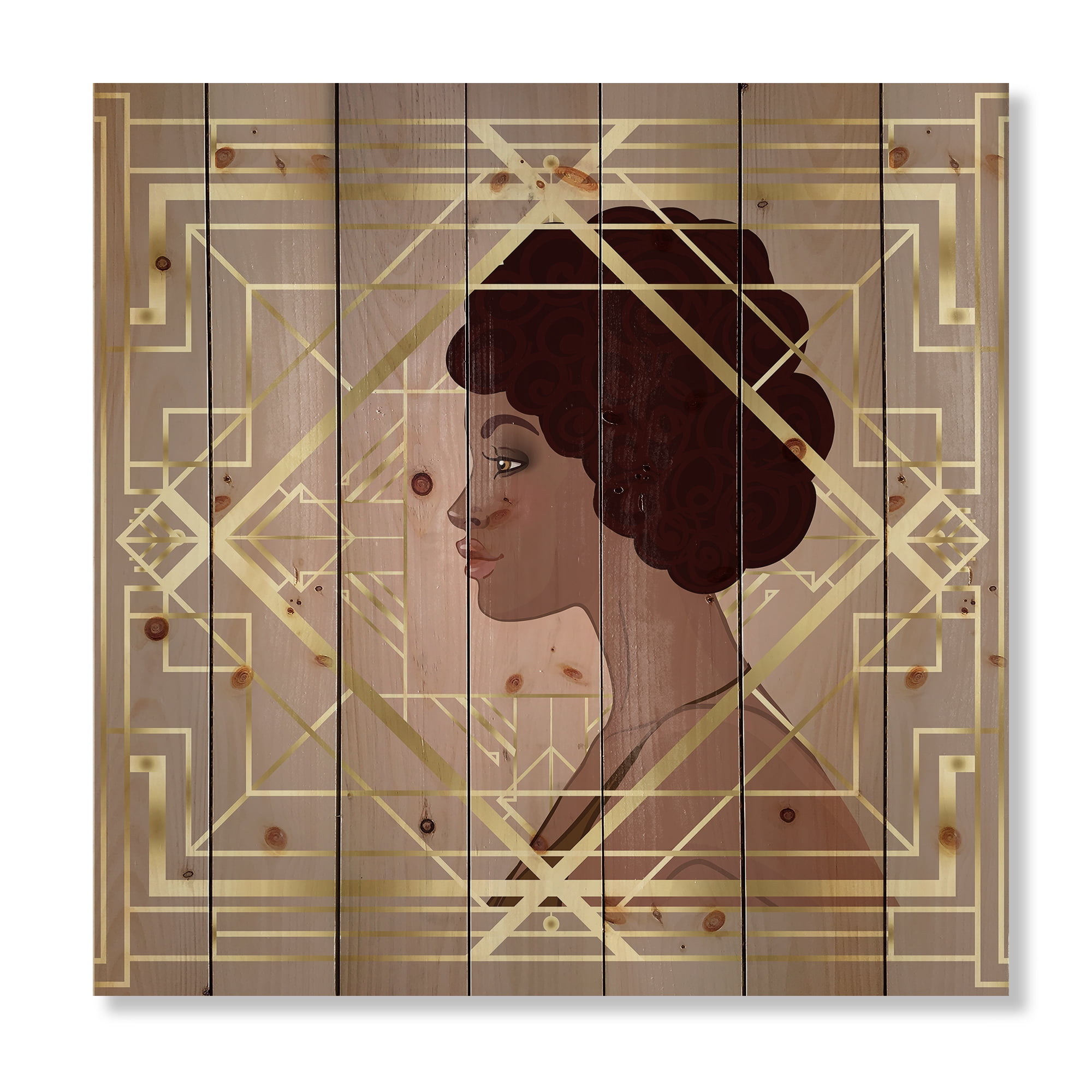 Designart 'Retro Girl In Golden Art Deco Geometrics II' Modern Print on Natural Pine Wood