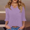 thumbnail image 2 of Chandail à Capuche Oversize pour Femmes, Col en V, Manches Trois-Quarts, Mode 2025, T-shirt d'Été Décontracté, Chandail en Molleton Col Rond, Grande Taille, Violet, 2 of 6