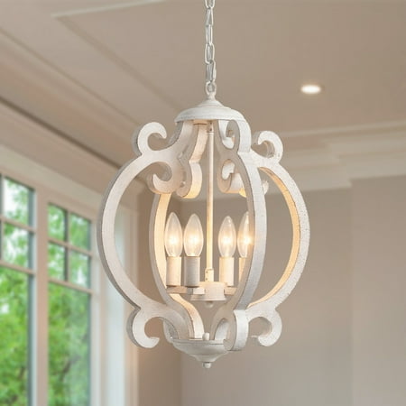 

4-Light 15.74-inch Farmhouse Wooden Lantern Chandeliers for Entryway White