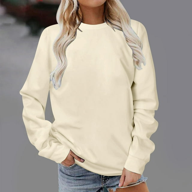 Fartey Chandails à Manches Longues pour Femmes 2024 Tendance Simples Couleur Unie Col Rond Chandails Décontractés Coupe Ample Chandail à Enfiler Hauts d'Automne